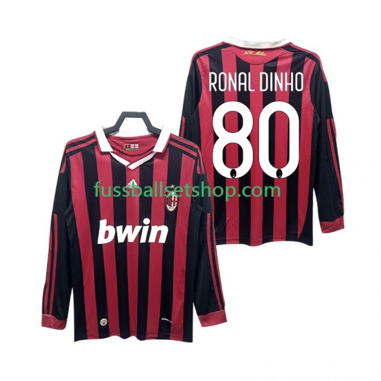 Günstige Fußball Trikotsatz AC Mailand RONALDINHO 80 2009 Retro Herren Heimtrikot 2010 Langarm