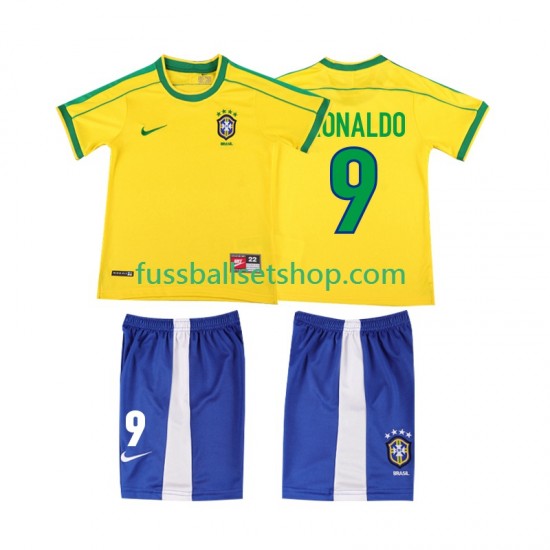 Günstige Fußball Trikotsatz Brasilien Ronaldo 9 Retro Kinder Heimtrikot 1998 Kurzarm