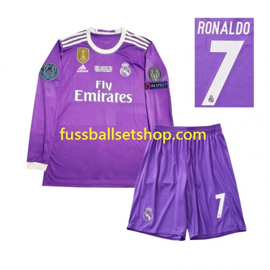 Günstige Fußball Trikotsatz Real Madrid Cristiano Ronaldo 7 2016 Retro Kinder Auswärtstrikot Langarm