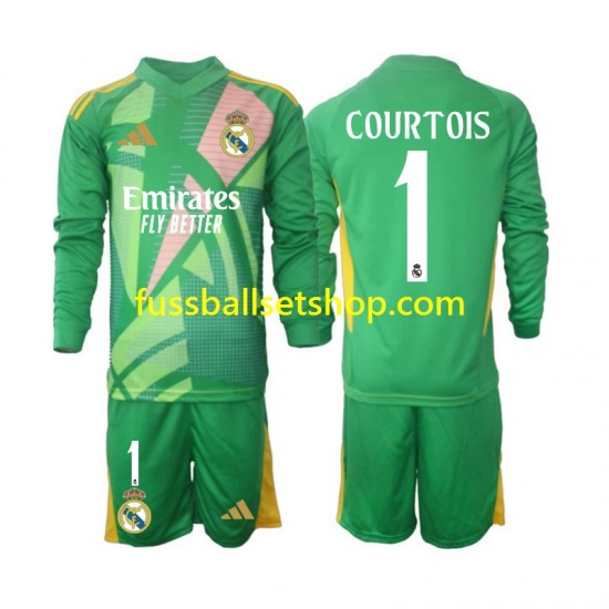 Günstige Fußball Trikotsatz Real Madrid Thibaut Courtois 1 Torwart Kinder Ausweichtrikot 2024-2025 Langarm