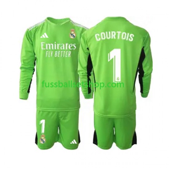 Günstige Fußball Trikotsatz Real Madrid Thibaut Courtois 1 Torwart Kinder Heimtrikot 2023-2024 Langarm