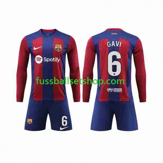 Günstige Fußball Trikotsatz FC Barcelona GAVI 6 Kinder Heimtrikot 2023-2024 Langarm