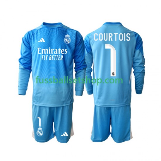 Günstige Fußball Trikotsatz Real Madrid Thibaut Courtois 1 Kinder Heimtrikot 2025-2026 Langarm