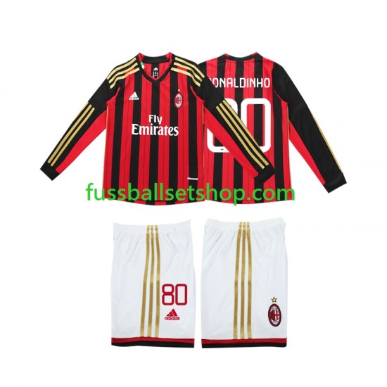 Günstige Fußball Trikotsatz AC Mailand RONALDINHO 80 2013 2014 Retro Kinder Heimtrikot Langarm