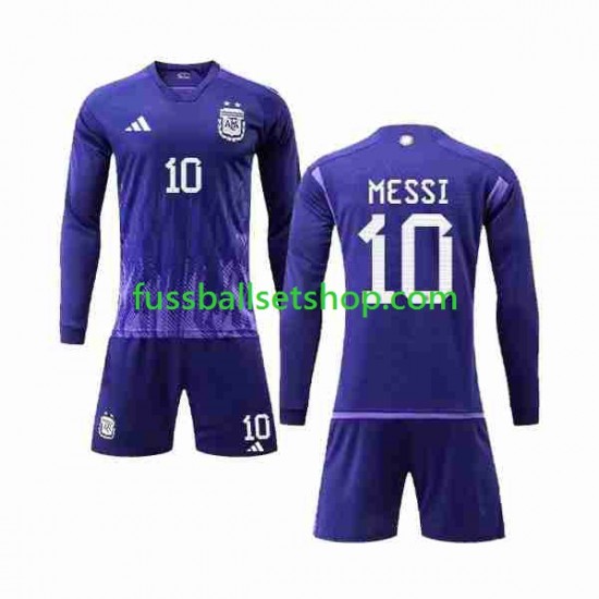 Günstige Fußball Trikotsatz Argentinien 3 Stars Lionel Messi 10 Kinder Auswärtstrikot World Cup 2022 Langarm