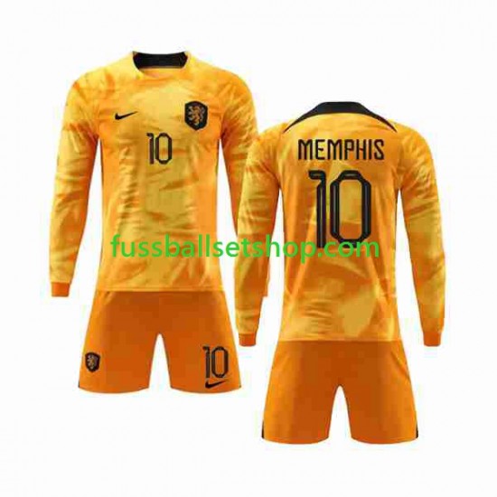 Günstige Fußball Trikotsatz Niederlande Memphis 10 Kinder Heimtrikot World Cup 2022 Langarm