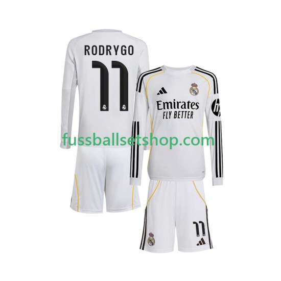 Günstige Fußball Trikotsatz Real Madrid Rodrygo 11 Kinder Heimtrikot 2025-2026 Langarm