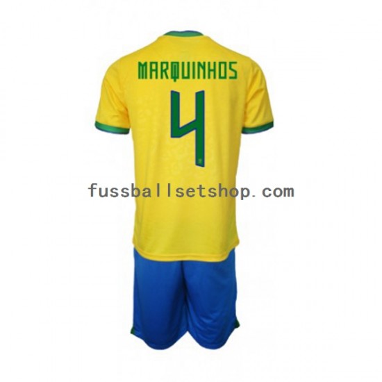 Günstige Fußball Trikotsatz Brasilien Marquinhos 4 Kinder Heimtrikot World Cup 2022 Kurzarm