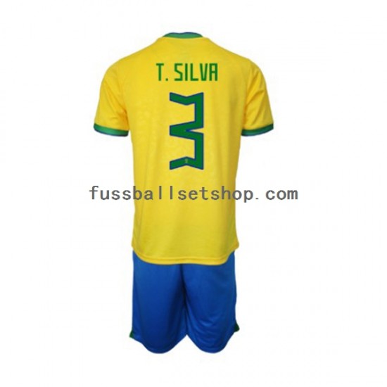Günstige Fußball Trikotsatz Brasilien Thiago Silva 3 Kinder Heimtrikot World Cup 2022 Kurzarm