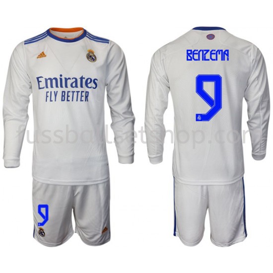 Günstige Fußball Trikotsatz Real Madrid Benzema 9 Kinder Heimtrikot 2021-2022 Langarm